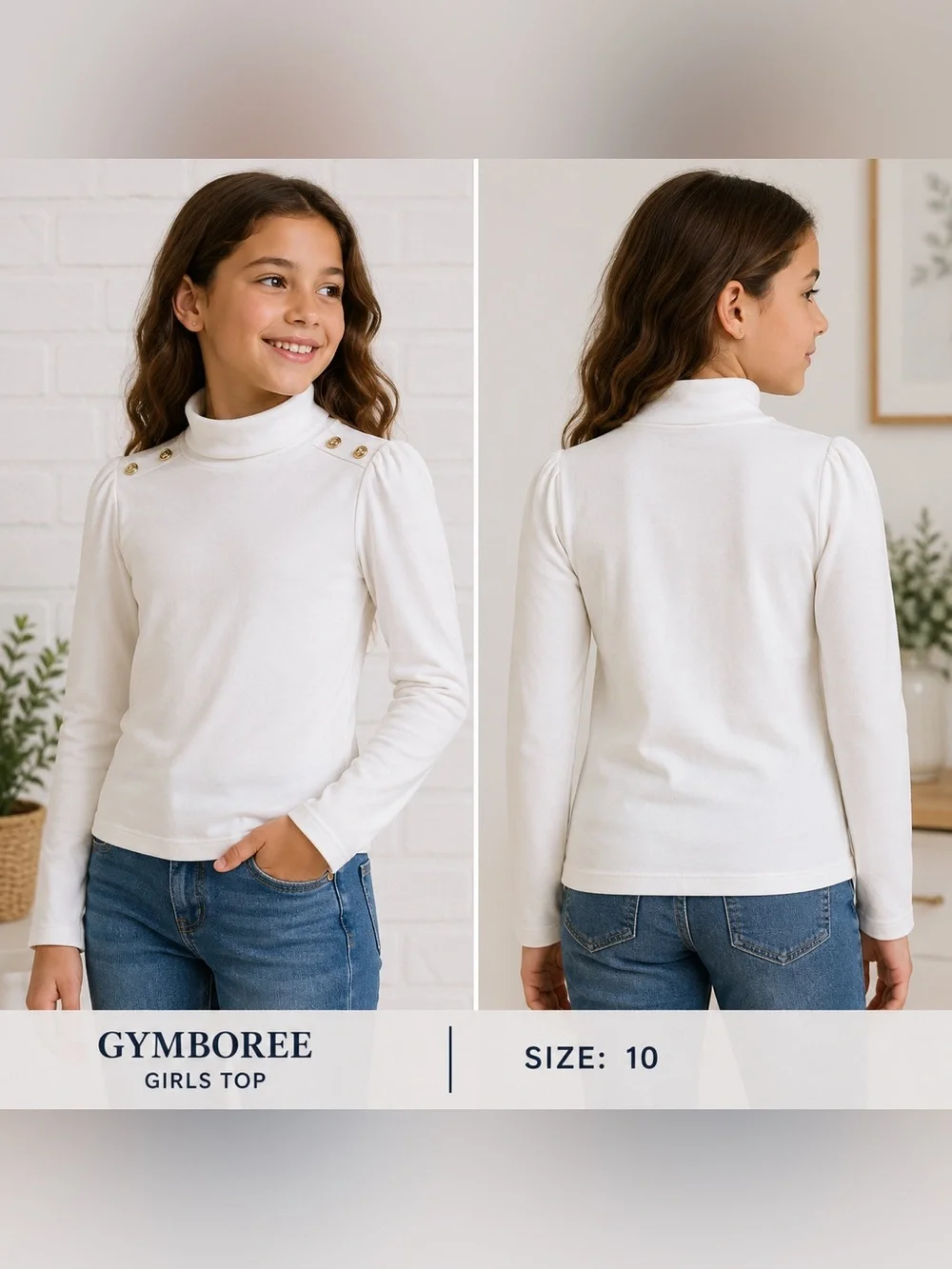 Gymboree Girls White Mock Neck Long Sleeve Top | Gold Button Detail | Size 10
